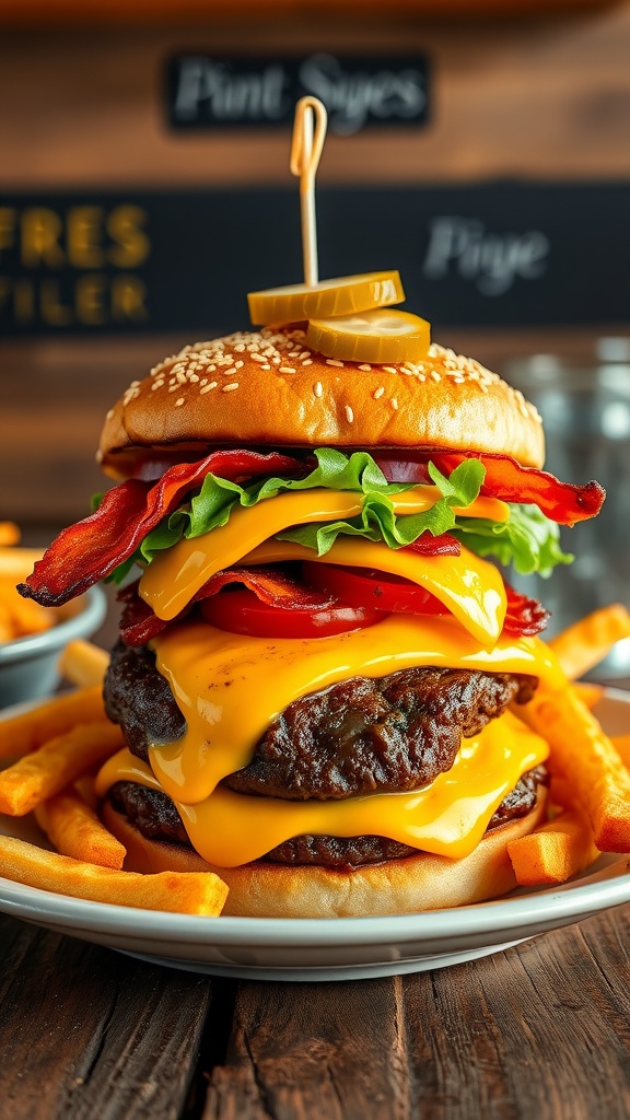 A delicious cheddar bacon burger with fresh toppings and fries on a rustic table.